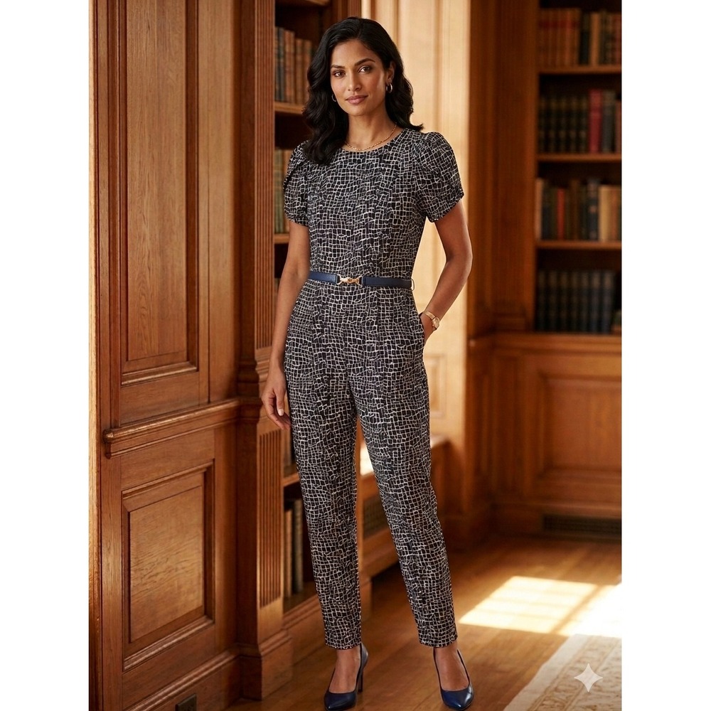 Calvin Klein Womens Black White Grid Print Tulip Sleeve Jumpsuit Exposed Zipper